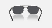 Rectangular metal sunglasses with dark lenses and silver bridge, front view
