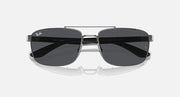 Rectangular sunglasses with dark mirrored lenses and silver frame, front view