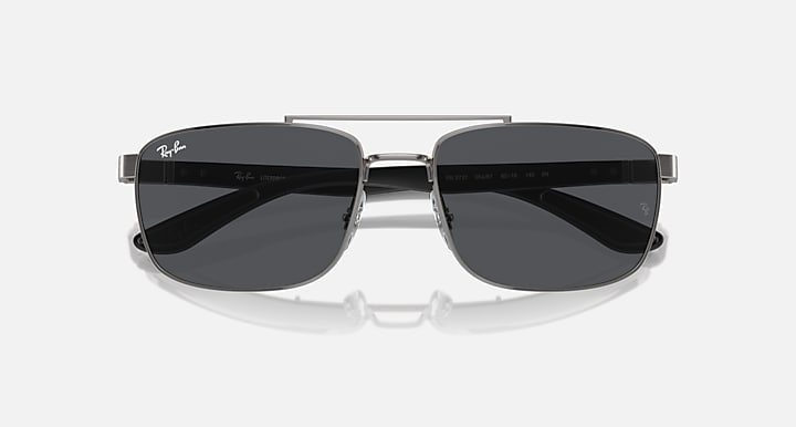 Rectangular sunglasses with dark mirrored lenses and silver frame, front view
