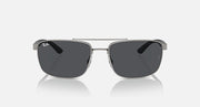 Rectangular metal sunglasses with dark tinted lenses and silver frame, front view