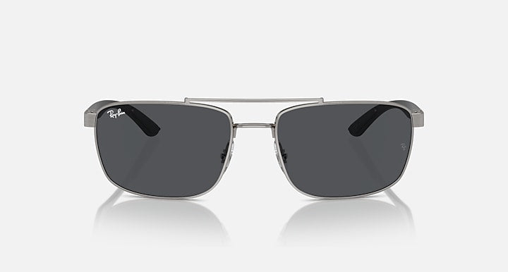 Rectangular metal sunglasses with dark tinted lenses and silver frame, front view