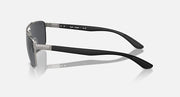 Rectangular metal sunglasses with dark tinted lenses and adjustable-looking hinge, side view
