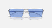 Rectangular Ray-Ban sunglasses with silver frame and blue mirrored lenses