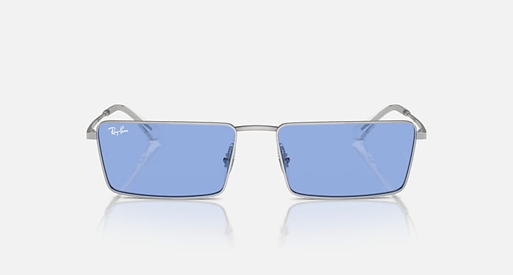 Rectangular Ray-Ban sunglasses with silver frame and blue square lenses
