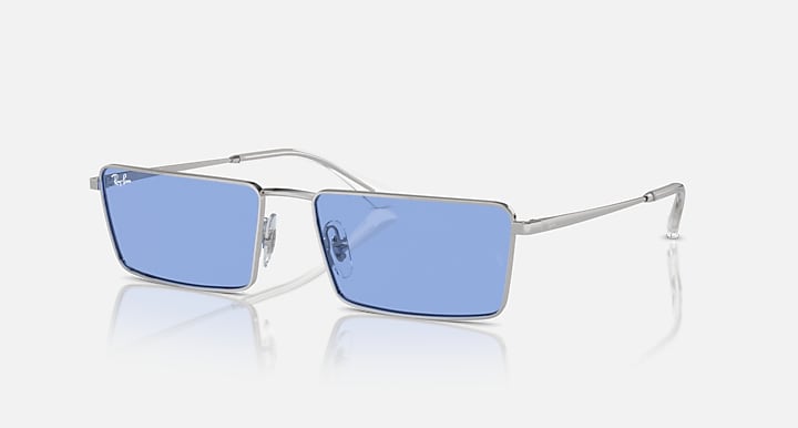 Ray-Ban Emy sunglasses with light gold frame and blue mirrored square lenses