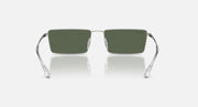 Rectangular Ray-Ban sunglasses with dark green lenses and silver frame, front view