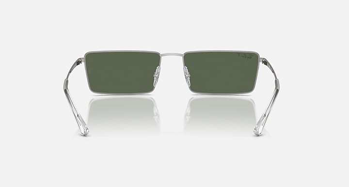 Rectangular Ray-Ban sunglasses with dark green lenses and silver frame, front view