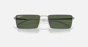 Rectangular Ray-Ban sunglasses with dark green lenses, silver frame and visible temple arms