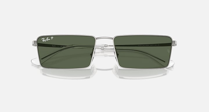 Rectangular Ray-Ban sunglasses with dark green lenses, silver frame and visible temple arms