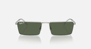 Rectangular Ray-Ban sunglasses with dark green lenses and silver metal frame, front view