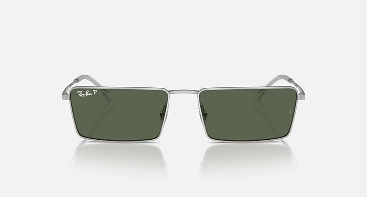 Rectangular Ray-Ban sunglasses with dark green lenses and silver metal frame, front view