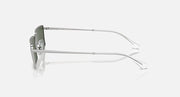 Rectangular Ray-Ban sunglasses, silver frame with dark green lens, side profile