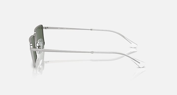 Rectangular Ray-Ban sunglasses, silver frame with dark green lens, side profile