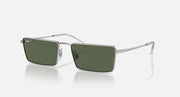 Rectangular Ray-Ban sunglasses with dark green lenses and silver metal frame, angled front