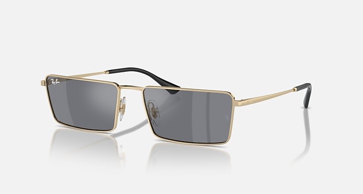 Rectangular Ray-Ban sunglasses, light gold frame with dark mirrored lenses