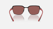 Front view of square sunglasses with dark lenses and red-and-black frame