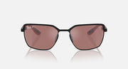 Front view of square sunglasses with dark frames and rose mirrored lenses