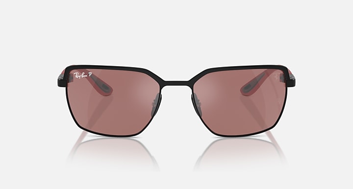 Front view of square sunglasses with dark frames and rose mirrored lenses