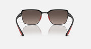 Front view of square sunglasses with black frames and dark tinted lenses, red details