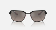 Front view of square sunglasses with black frames and dark tinted lenses