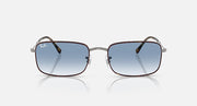 Rectangular sunglasses with blue gradient lenses, silver frame, tortoise brown side arms