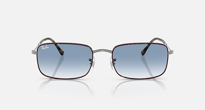 Rectangular sunglasses with blue gradient lenses, silver frame, tortoise brown side arms