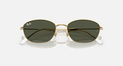 Gold oval sunglasses with dark green lenses and silver-tinted temple tips