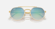 Ray-Ban round sunglasses front view, gold frame with light blue mirrored lenses