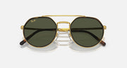 Round sunglasses front view with dark green lenses and gold metal bridge