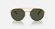 Round sunglasses front view with gold metal frame and dark green lenses