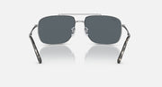 Square sunglasses with dark gray lenses, silver frame and straight bridge