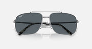 Square sunglasses with dark gray lenses, silver frame, angled front