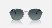 Round sunglasses with silver-tone metal frame and dark teal tinted lenses.
