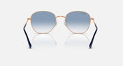 Round sunglasses with rose-gold frame, dark tinted lenses, and navy temples.