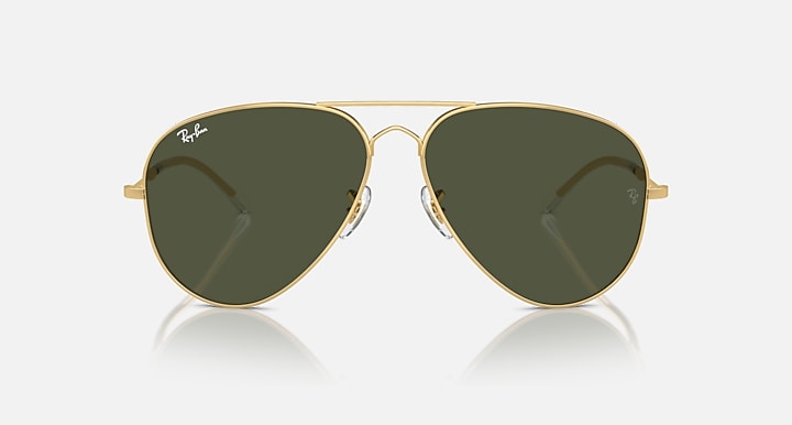 Aviator sunglasses with gold frame and olive green mirrored lenses, front view