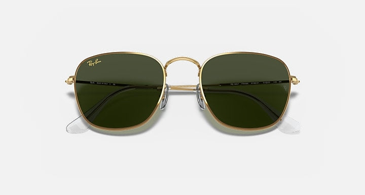 Frank RB3857 sunglasses with gold frame and dark green lenses, close front angle