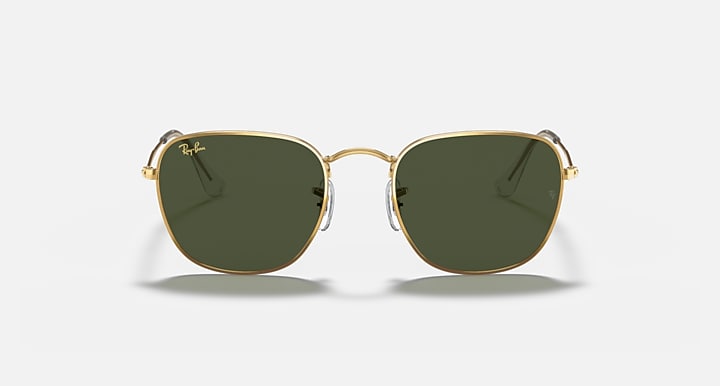 Frank RB3857 sunglasses with gold frame and dark green lenses, angled front view