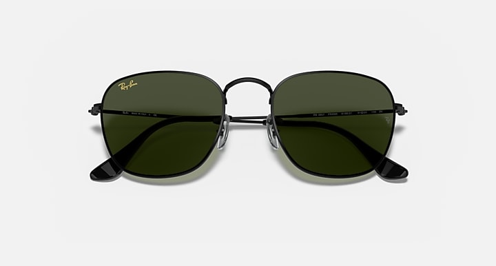 Frank RB3857 sunglasses with black frame and dark green lenses, low front angle
