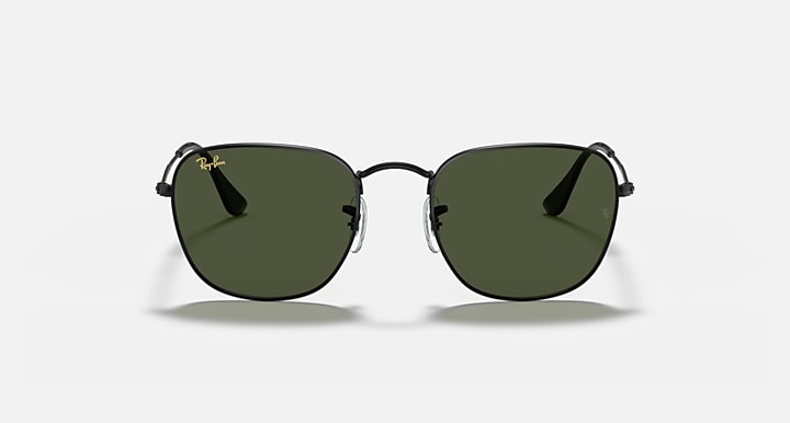 Frank RB3857 sunglasses with black frame and dark green lenses, angled front view