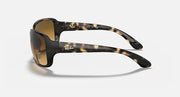 Side profile of square sunglasses with brown tinted lenses and light Havana clear frame