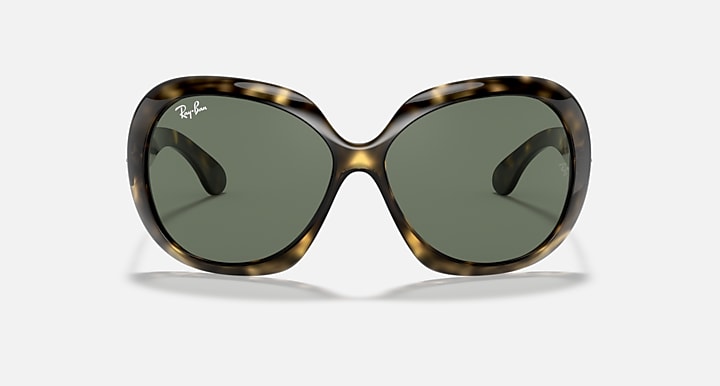 Round wrap sunglasses with tortoiseshell frame, dark green lenses, logo bridge
