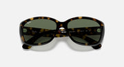 Tortoise-style sunglasses with dark green lenses and printed logo on temples