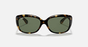 Tortoise-style oval sunglasses with dark green lenses, centered front view