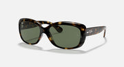 Tortoise-style sunglasses with dark green lenses and curved oval frames