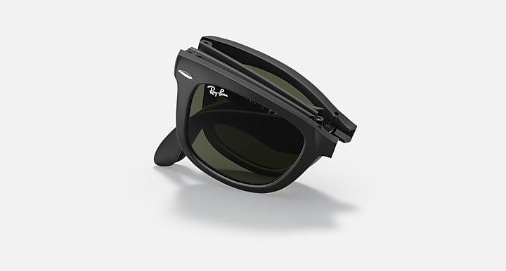 Ray-Ban Folding Wayfarer sunglasses folded view with dark frame and green lenses
