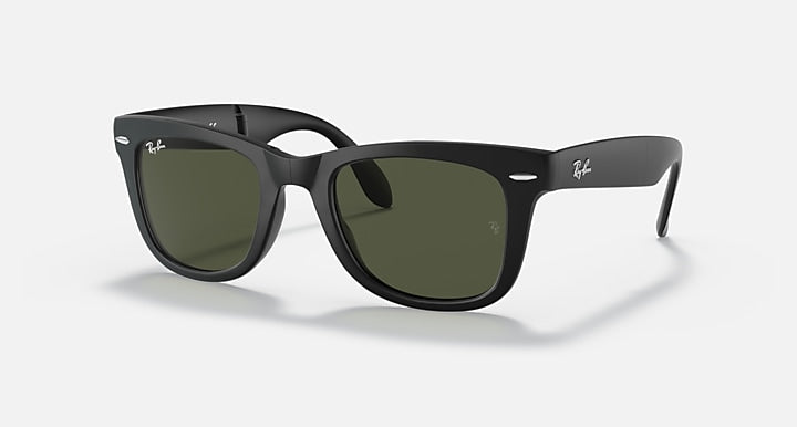 Ray-Ban Folding Wayfarer sunglasses angled view with dark frame and green lenses