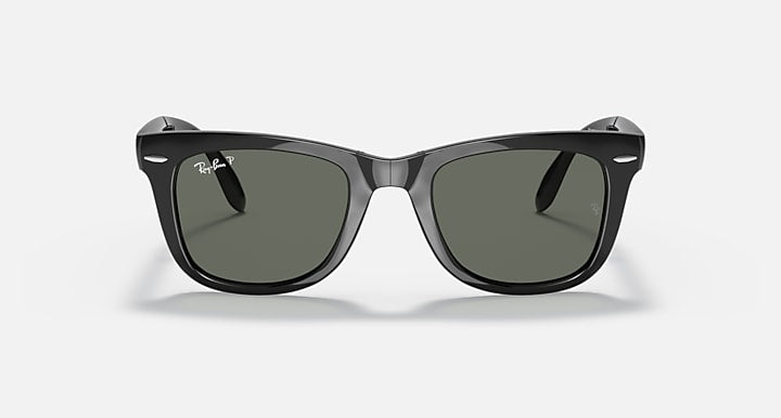 Folding Wayfarer sunglasses with black frame and dark green tinted lenses