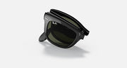 Folding Wayfarer sunglasses, matte black with dark green lenses, side folded
