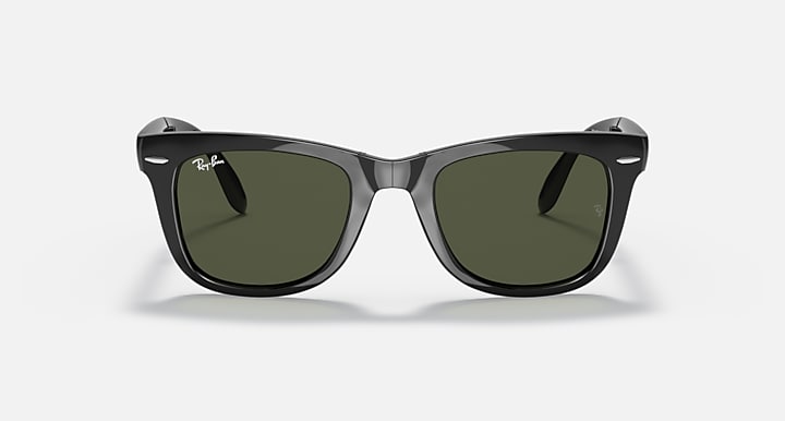 Folding Wayfarer sunglasses, black frame with dark green polarized lenses