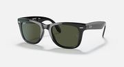 Folding Wayfarer sunglasses, matte black frame with dark green lenses